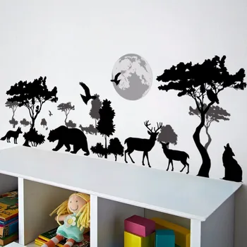 % Af 3D-Tegnefilm dyr, hjorte, fugle wolf forest zoo træ blomster wall stickers hjem dekoration til soveværelse, stue, børneværelse Kunst plakat