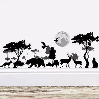 % Af 3D-Tegnefilm dyr, hjorte, fugle wolf forest zoo træ blomster wall stickers hjem dekoration til soveværelse, stue, børneværelse Kunst plakat
