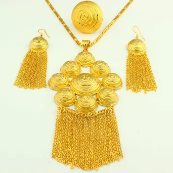 African/Dubai Brud Smykke sæt 24K Guld Farve Halskæde/Øreringe/Ring/Vedhæng Etiopiske/Midt Påske/Indien/Kenya Smykker Gaver
