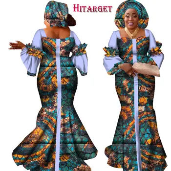 Afrikanske kjoler til kvinder mode design nye afrikanske bazin mode design kjole lang kjole med tørklæde afrikanske tøj WY2347