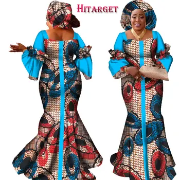 Afrikanske kjoler til kvinder mode design nye afrikanske bazin mode design kjole lang kjole med tørklæde afrikanske tøj WY2347