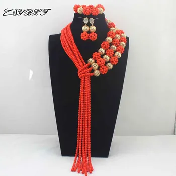 Afrikanske Lange Orange Perler Halskæde Sæt Nigerianske Orange Krystalkugler Kvinder Mode Smykker Sæt Gratis Fragt L0060