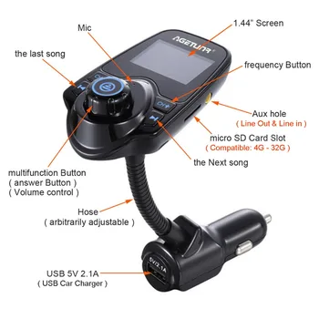 AGETUNR Bluetooth Car Kit Håndfri Sæt FM-Sender MP3-musikafspiller, 5V 2.1 EN USB Bil Oplader Understøtter Micro SD-Kort 4G-32G