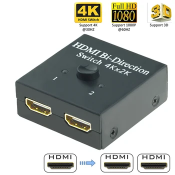 Aikexin HDMI Switcher 2 Porte Bi-retning Manuel Switch 2 x 1/1 x 2 HDMI Splitter Hub HDCP-Viderestilling-Understøtter Ultra HD 4K