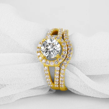 AINUOSHI 10K Solid Gul Guld Kvinder vielsesringe Sæt 1 ct Runde Simuleret Diamant Halo Anillos Bijoux Femme Engagement Band