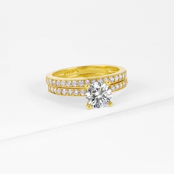 AINUOSHI 10K Solid Gul Guld Vielsesring Sæt 1 ct Runde Cut Sona Simuleret Diamant Skinnende Bague Kvinder Engagement Ring Sæt
