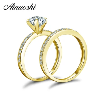 AINUOSHI 10K Solid Gul Guld Vielsesring Sæt 1 ct Runde Cut Sona Simuleret Diamant Skinnende Bague Kvinder Engagement Ring Sæt