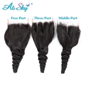 Ali Himlen Malaysiske Løs Bølge 4x4 Gratis/Midt/Tre Del-Lace Lukning Pre Plukket Med Baby Hair Non Remy 1B 130% tæthed Sort