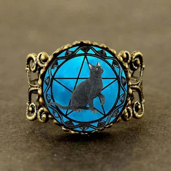 Alice I Eventyrland Sort Kat Ring wiccan krave Wicca Pentagram blå Glas Ring cristal colgante Wicca krave
