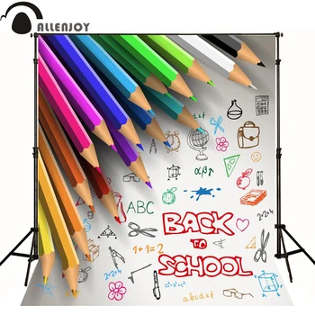 Allenjoy fotografisk baggrund Farvede blyanter, lineal skole saks børn vinyl prinsesse foto studie fotografering baggrunde