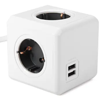 Allocacoc Udvidet PowerCube Socket DE Plug 4 Forretninger med Dobbelt USB stik-Adapter med 3m Kabel