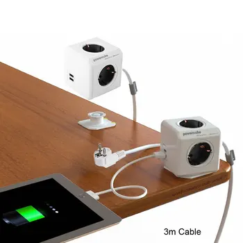 Allocacoc Udvidet PowerCube Socket DE Plug 4 Forretninger med Dobbelt USB stik-Adapter med 3m Kabel