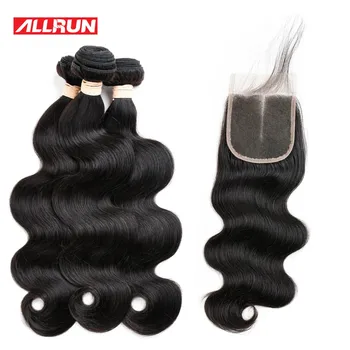 ALLRUN hårprodukter 3 Bundter Brasilianske Krop Bølge Med Lace Lukning Non Remy Human Hair Extensions Gratis Forsendelse 4 Stk/masse
