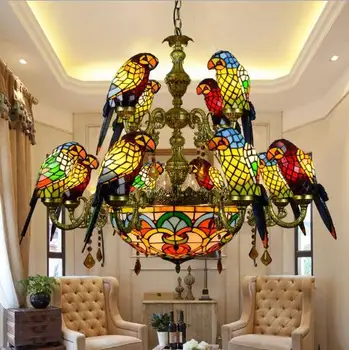 American Pastoral Tiffany style Retro luksus papegøje fugl vedhæng lys farvet glas bar stue parlor hængende belysning