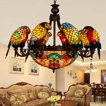 American Pastoral Tiffany style Retro luksus papegøje fugl vedhæng lys farvet glas bar stue parlor hængende belysning