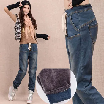 Ankomst Vinter Varm Jeans Kvinder Tykkere Fleece Tynde Harem Bukser Bukser Elastisk Talje Denim Bukser Plus Size Bukser C1504