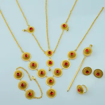 Anniyo Etiopiske sæt Smykker som Halskæde, Øreringe, Ring Hår Stykke Hår Kæde Armbånd Guld Farve Afrikanske Brude Eritrea Gave #059002