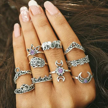 Antik Sølv Farve Krystal Finger-Ring Sæt Hule Blomst Midi-Finger Ringe Til Kvinder Hånd Elefant Månen Hjerte Smykker, 10 Stk