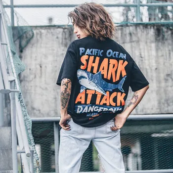 Aolamegs T-shirt Mænd er Farlige Stor Haj Trykt kortærmet t-shirt Fashion Street Hip Hop Kreative Toppe Par T-shirts