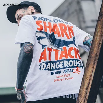 Aolamegs T-shirt Mænd er Farlige Stor Haj Trykt kortærmet t-shirt Fashion Street Hip Hop Kreative Toppe Par T-shirts