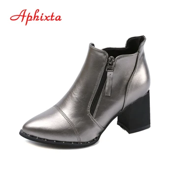 Aphixta Sko Kvinde Mode Silver Patent Læder Vandtæt Ankel Støvler Kvindelige Zip-7cm-Pladsen Hæle Platform Komfortable Efteråret