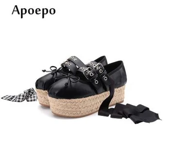 Apoepo Nyeste ballerinasko spænde remmen kvinde sko 2018 fladskærms-platform sko rund tå sommerfugl knude fladskærms afslappet sko black