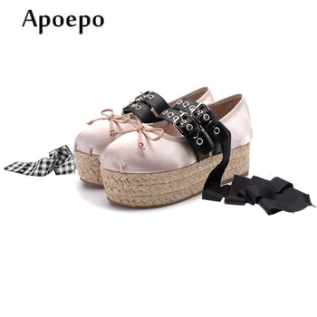 Apoepo Nyeste ballerinasko spænde remmen kvinde sko 2018 fladskærms-platform sko rund tå sommerfugl knude fladskærms afslappet sko black