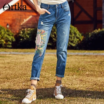 Artka Foråret 2018 Nye Mode Broderi Syning Hul Vasket Vintage Kvindelige Fritid Fuld Længde Jeans KN10184C