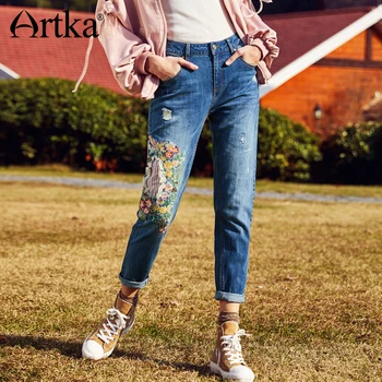 Artka Foråret 2018 Nye Mode Broderi Syning Hul Vasket Vintage Kvindelige Fritid Fuld Længde Jeans KN10184C