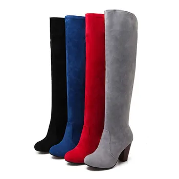 Asumer mode nye ankommer kvinder støvler sort rød grå blå farve over knæet støvler slip på efterår og vinter støvler damer