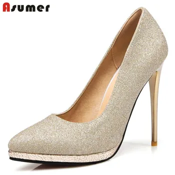 Asumer Platform kvinder sko pumper solid spidse tå høje hæle sko mode stor størrelse 33-47 bryllupsfest komfortable sko