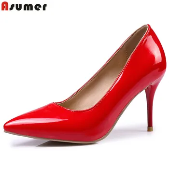 ASUMER Plus size 35-47 nye kvinder pumper mode spids tå lavvandede enkelt sko rød sort lyserøde høje hæle bryllup sko