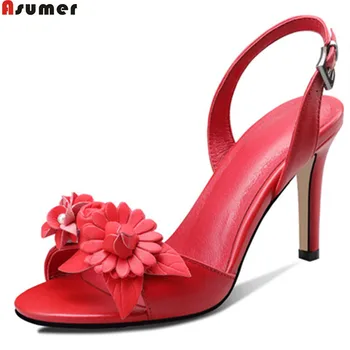 ASUMER sort rød hvid mode sommeren nye ankomst damer bryllup sko spænde elegante kvinder i ægte læder høje hæle sandaler