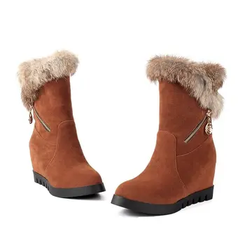 Asumer stor størrelse 32-44 vinteren kvinder sko unikke tyk pels, varm sne støvler, rund tå højde stigende platform halvdelen støvler