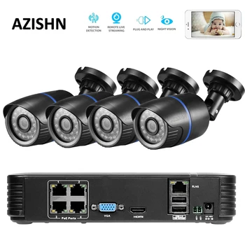 AZISHN 4CH POE 1080P NVR 4pc 1.0 mp 48V PoE 720P IP-Kamera P2P HDMI CCTV-System, Overvågning IR Night vision offentlig PC og Telefon
