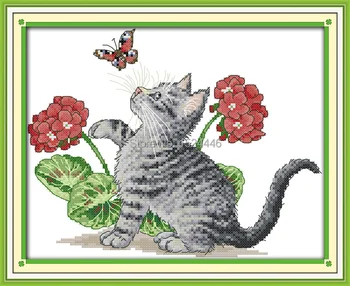 Baby kat spil med butterfly flower malerier tælles print på lærred DMC 11CT 14 CT Cross Stitch kits broderi håndarbejde Sæt