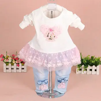 Baby Pige Tøj Sæt 2018 Mærke Mode Blonder Blomster Denim Jakke+T-shirt+Jeans Børn 3stk Jakkesæt lille Barn Spædbarn Baby Tøj