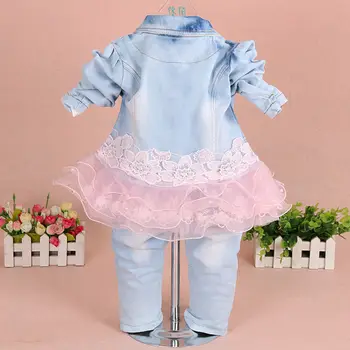 Baby Pige Tøj Sæt 2018 Mærke Mode Blonder Blomster Denim Jakke+T-shirt+Jeans Børn 3stk Jakkesæt lille Barn Spædbarn Baby Tøj