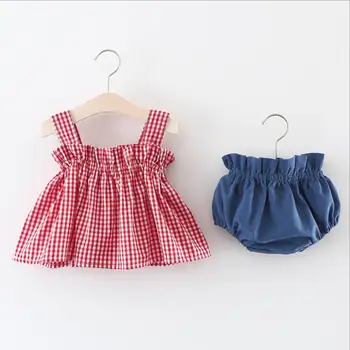 Baby Piger Tøj Sæt 2018 Sommer mode plaid, der passer Børn 2 stykker Tøj Toddler Kjole outfits Børn, familie sæt produkt