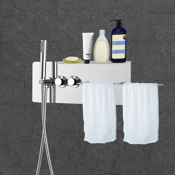 Badeværelse med Bruser Vandhaner Hylde med Håndklæde bar Rack Skjult Termostatbatteri Bruser Panel Mixer Ventil LED Loft brusehoved JF5422