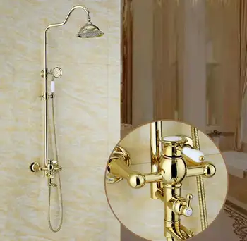 Badeværelse med regnbruser Guld Sæt vægmonteret Badekar Bruser Vandhaner med håndbruser
