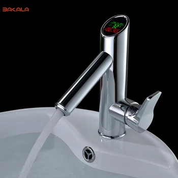 BAKALA Badeværelse LED Digital bassin Vandhane Vand, Strøm Håndvaskarmatur. Solid Messing forkromet tempererede vise Hane Smart Tryk