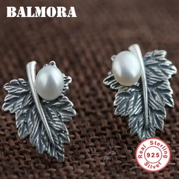BALMORA Ægte 925 Sterling Sølv Smykker, Blad & Simuleret Pearl Retro Stud Øreringe til Kvinder Elsker Gave Bijoux SY31284