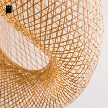 Bambus, Rattan Flet Bølge Skygge Vedhæng Lys Armatur Rustik Vintage Japansk Lampe Suspension Hjem Indendørs Spisebord Rummet