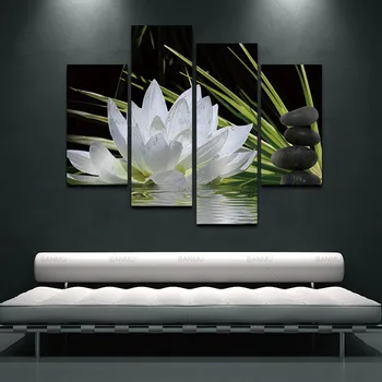 BANMU 4 Stykker Lærred Print vægmalerier til Hjemmet Blomst Hvid Lotus I Sort Væg Kunst Billedet Moderne Modulære Billede uden ramme