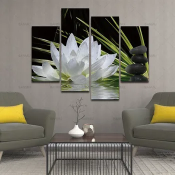 BANMU 4 Stykker Lærred Print vægmalerier til Hjemmet Blomst Hvid Lotus I Sort Væg Kunst Billedet Moderne Modulære Billede uden ramme