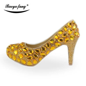BaoYaFang Golden crystal Dame Bryllup sko Høje hæle Platform sko kvinde part kjole sko Store størrelse kvinder sko rund tå