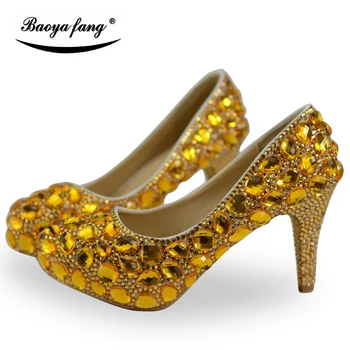 BaoYaFang Golden crystal Dame Bryllup sko Høje hæle Platform sko kvinde part kjole sko Store størrelse kvinder sko rund tå