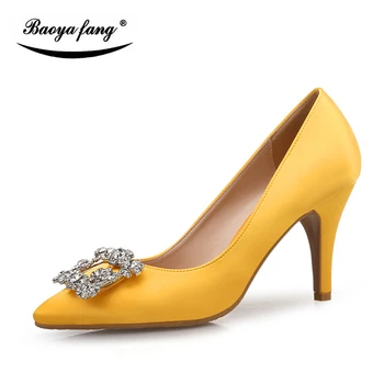 BaoYaFang Nye Guld tynd hæl Dame sko bryllup Brude mode Pumper damer kontor sko spids tå kvindelige 7cm høje sko