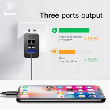 Baseus 3 Port USB-Oplader 3 i 1 Triple EU USA UK Stik) 2.4 En Rejse Oplader Adapter Mobiltelefon Oplader Til iPhone X Samsung